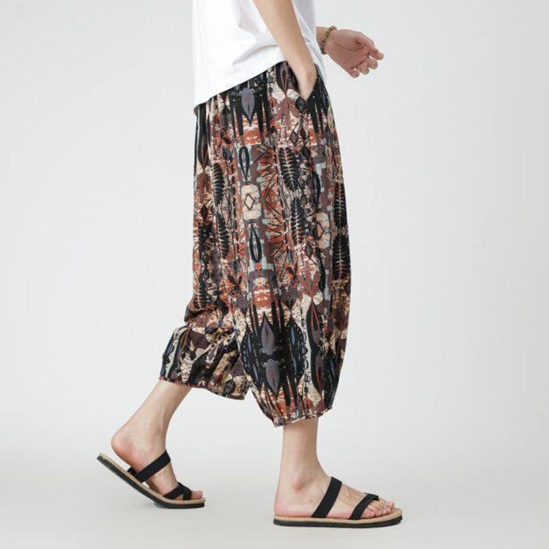 Summer Square Patchwork Elephant Mandala Geometry Cotton Linen Men's 7-8 Length Pants With Pockets