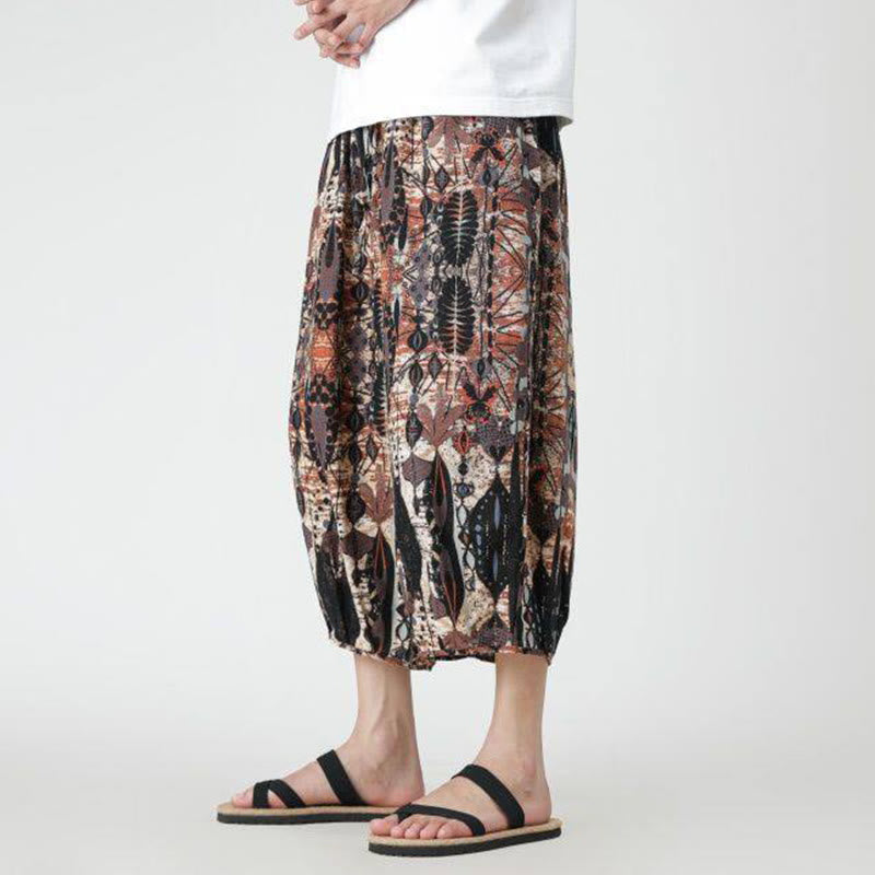 Summer Square Patchwork Elephant Mandala Geometry Cotton Linen Men's 7-8 Length Pants With Pockets