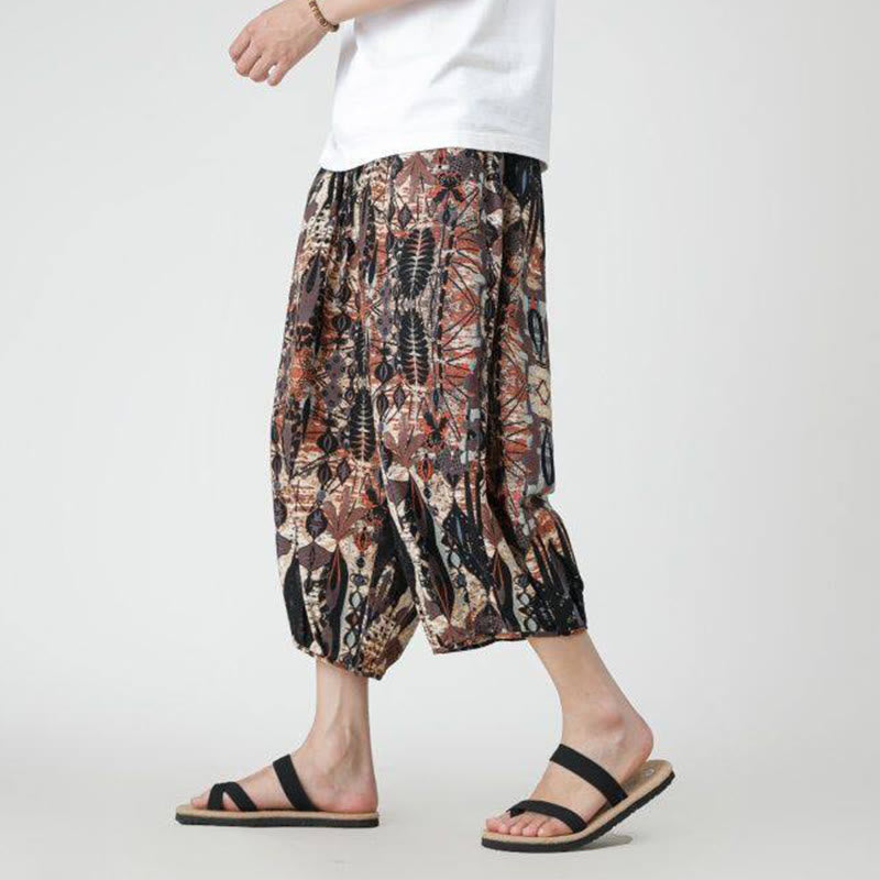Summer Square Patchwork Elephant Mandala Geometry Cotton Linen Men's 7-8 Length Pants With Pockets