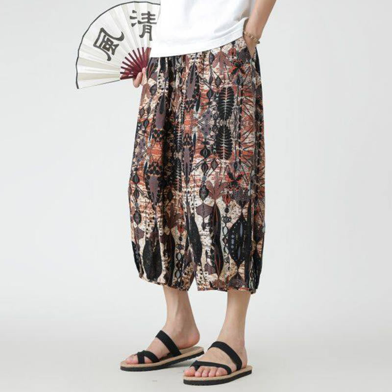 Summer Square Patchwork Elephant Mandala Geometry Cotton Linen Men's 7-8 Length Pants With Pockets