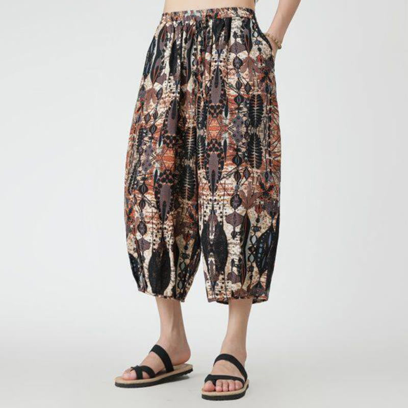 Summer Square Patchwork Elephant Mandala Geometry Cotton Linen Men's 7-8 Length Pants With Pockets