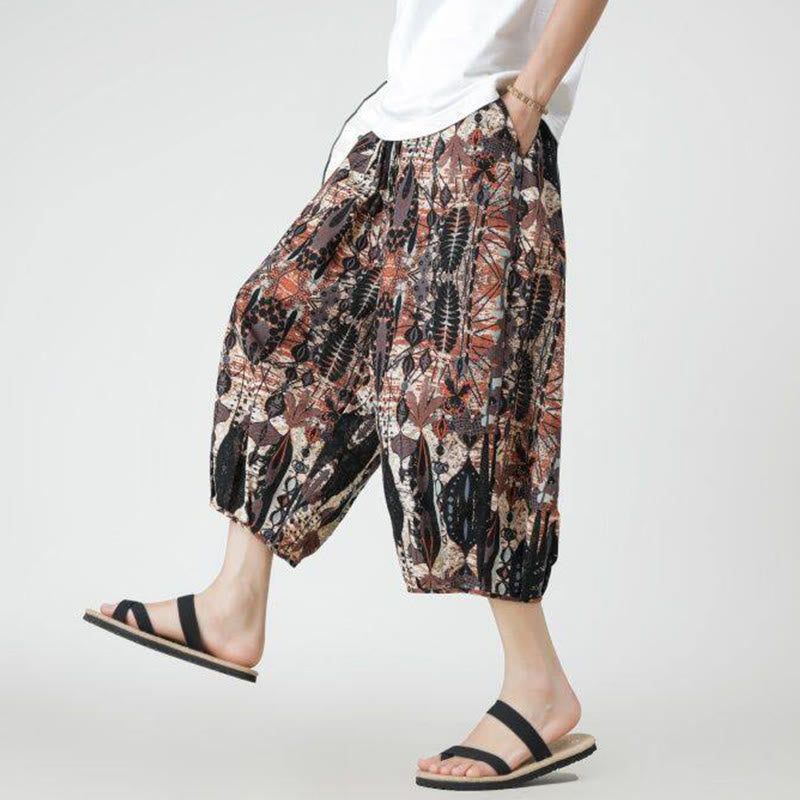 Summer Square Patchwork Elephant Mandala Geometry Cotton Linen Men's 7-8 Length Pants With Pockets