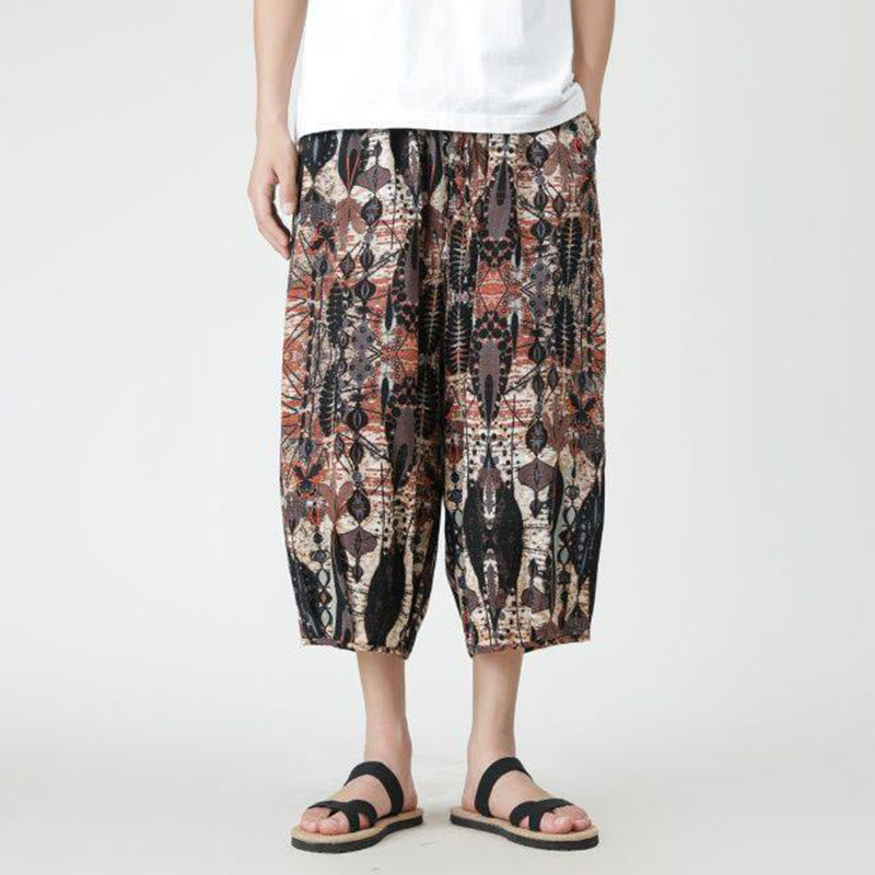 Summer Square Patchwork Elephant Mandala Geometry Cotton Linen Men's 7-8 Length Pants With Pockets