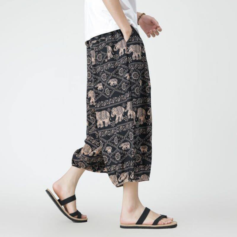 Summer Square Patchwork Elephant Mandala Geometry Cotton Linen Men's 7-8 Length Pants With Pockets