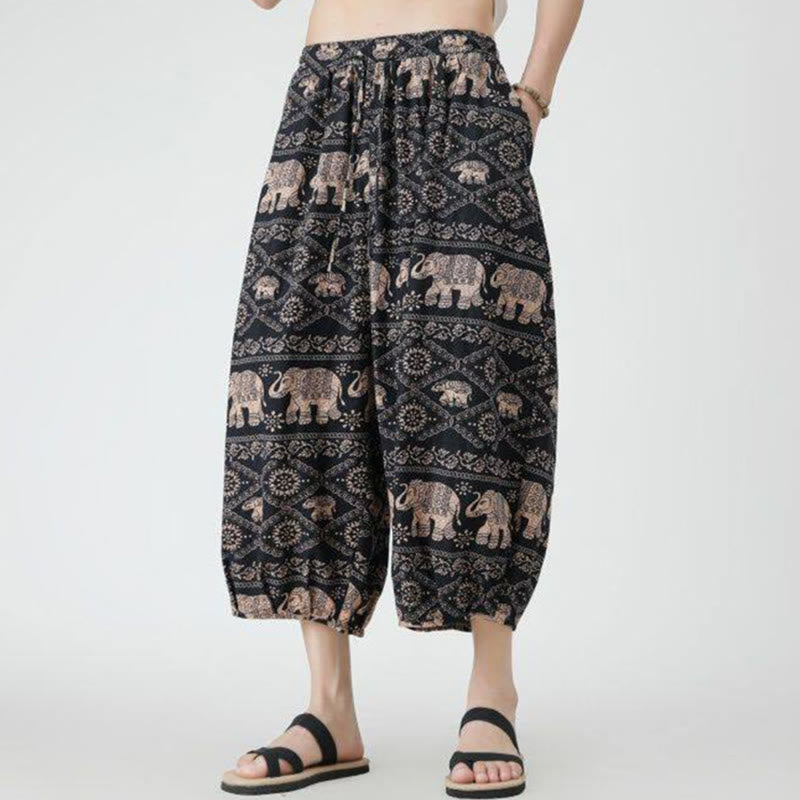 Summer Square Patchwork Elephant Mandala Geometry Cotton Linen Men's 7-8 Length Pants With Pockets