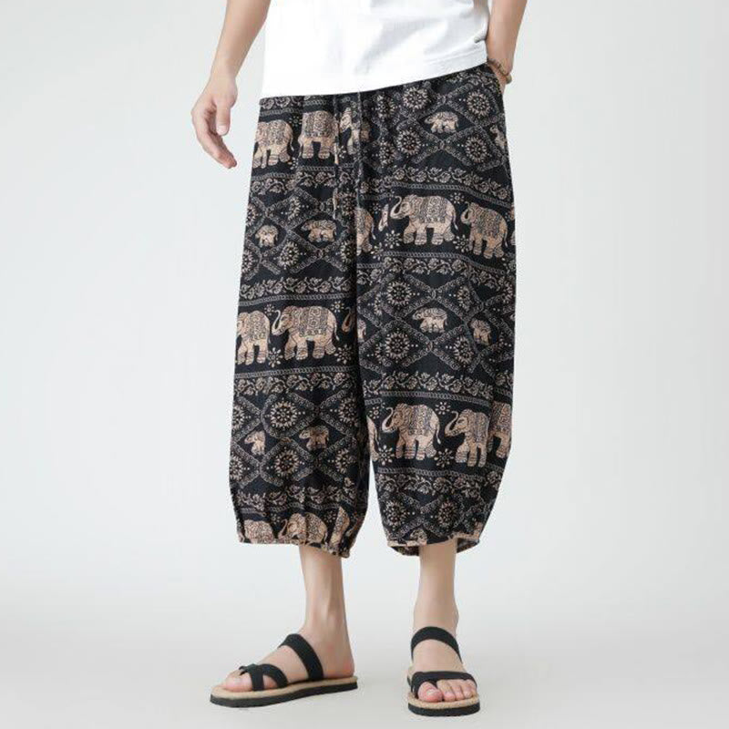 Summer Square Patchwork Elephant Mandala Geometry Cotton Linen Men's 7-8 Length Pants With Pockets