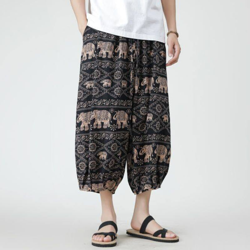 Summer Square Patchwork Elephant Mandala Geometry Cotton Linen Men's 7-8 Length Pants With Pockets