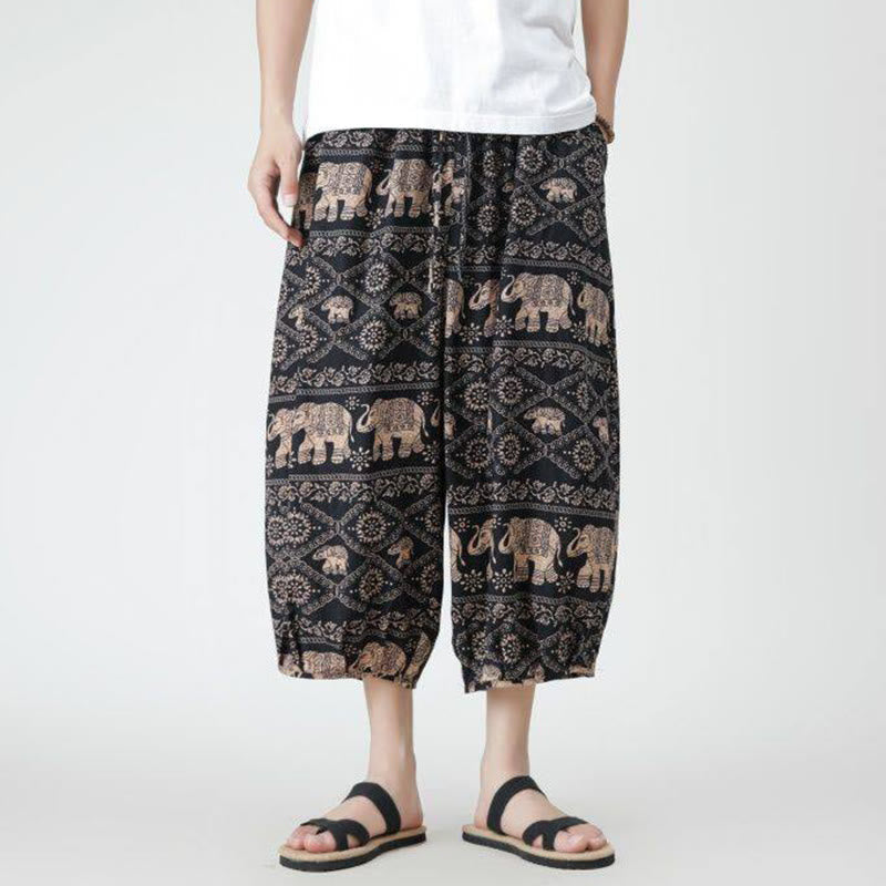 Summer Square Patchwork Elephant Mandala Geometry Cotton Linen Men's 7-8 Length Pants With Pockets