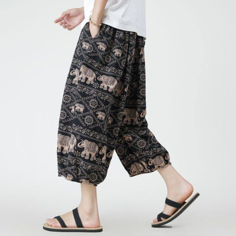 Summer Square Patchwork Elephant Mandala Geometry Cotton Linen Men's 7-8 Length Pants With Pockets