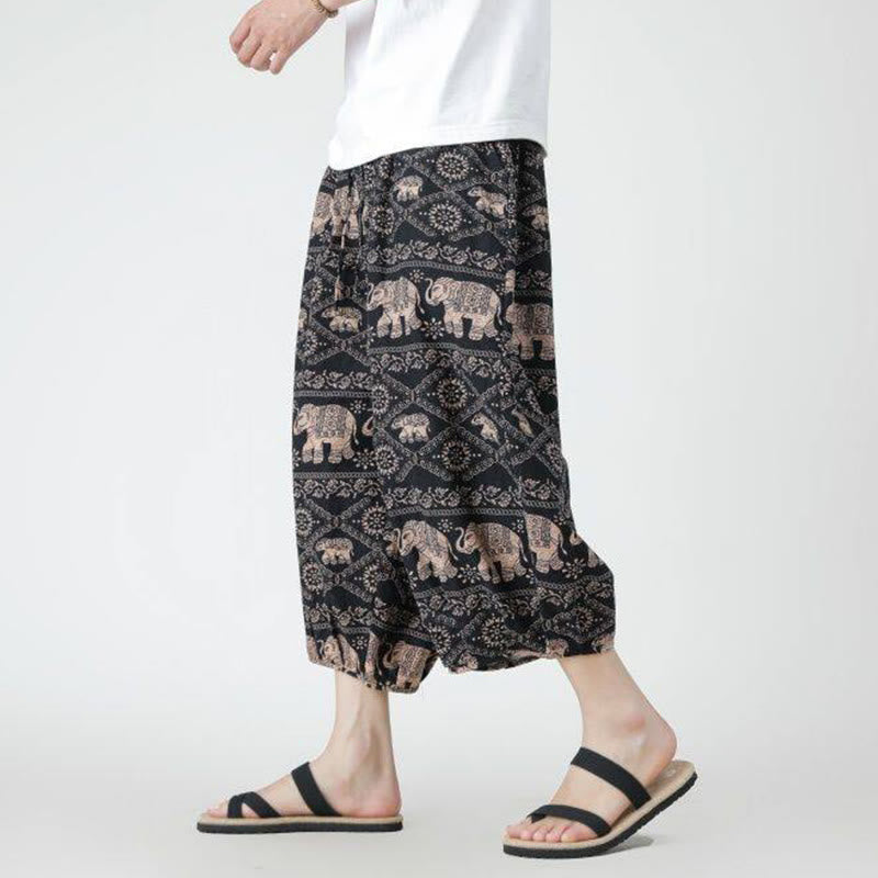 Summer Square Patchwork Elephant Mandala Geometry Cotton Linen Men's 7-8 Length Pants With Pockets