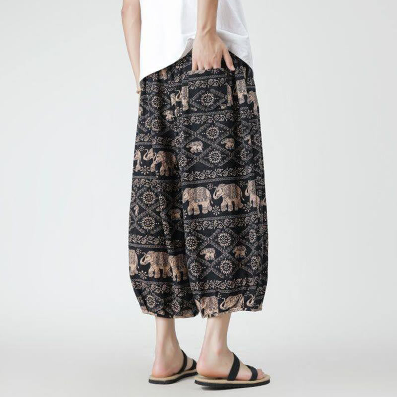 Summer Square Patchwork Elephant Mandala Geometry Cotton Linen Men's 7-8 Length Pants With Pockets