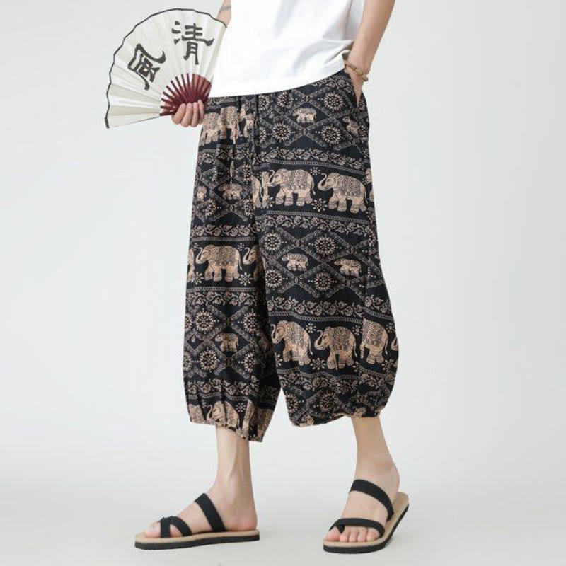 Summer Square Patchwork Elephant Mandala Geometry Cotton Linen Men's 7-8 Length Pants With Pockets