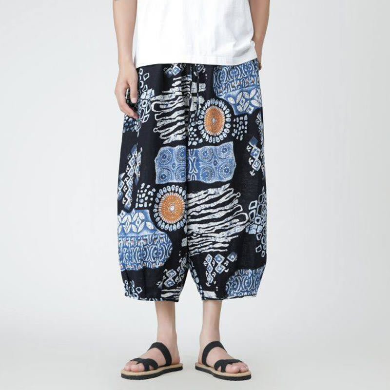 Summer Square Patchwork Elephant Mandala Geometry Cotton Linen Men's 7-8 Length Pants With Pockets