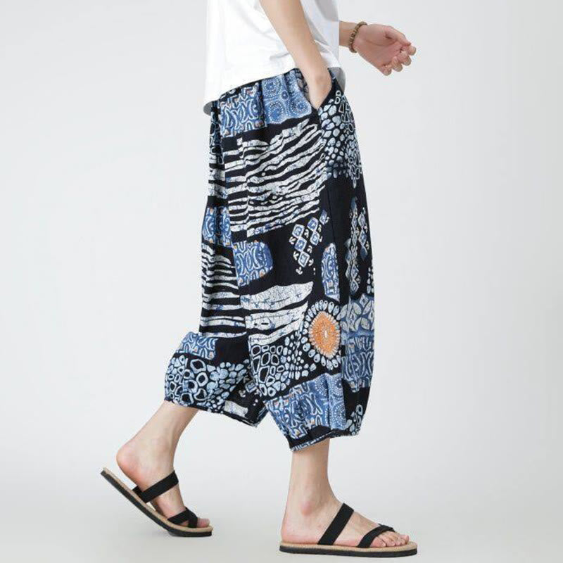 Summer Square Patchwork Elephant Mandala Geometry Cotton Linen Men's 7-8 Length Pants With Pockets