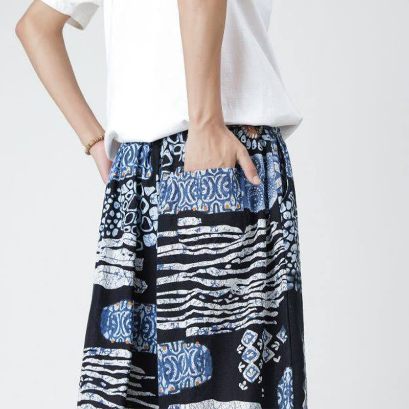 Summer Square Patchwork Elephant Mandala Geometry Cotton Linen Men's 7-8 Length Pants With Pockets