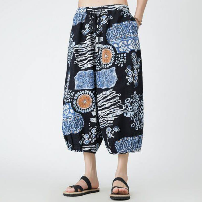Summer Square Patchwork Elephant Mandala Geometry Cotton Linen Men's 7-8 Length Pants With Pockets