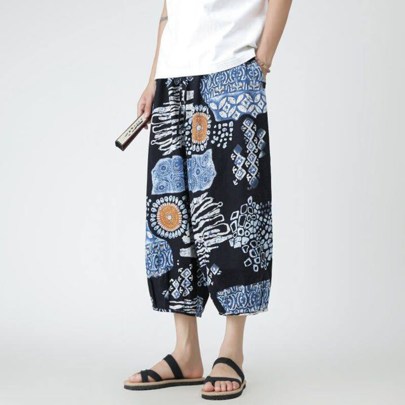 Summer Square Patchwork Elephant Mandala Geometry Cotton Linen Men's 7-8 Length Pants With Pockets