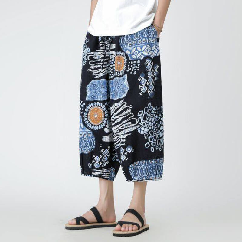 Summer Square Patchwork Elephant Mandala Geometry Cotton Linen Men's 7-8 Length Pants With Pockets