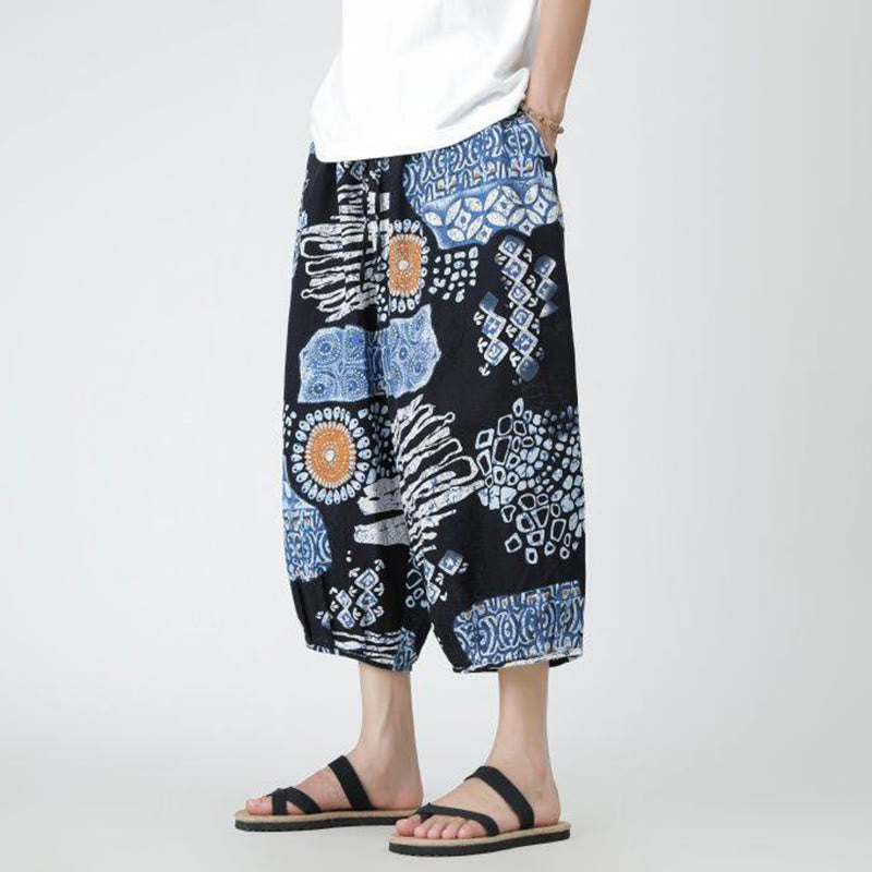 Summer Square Patchwork Elephant Mandala Geometry Cotton Linen Men's 7-8 Length Pants With Pockets