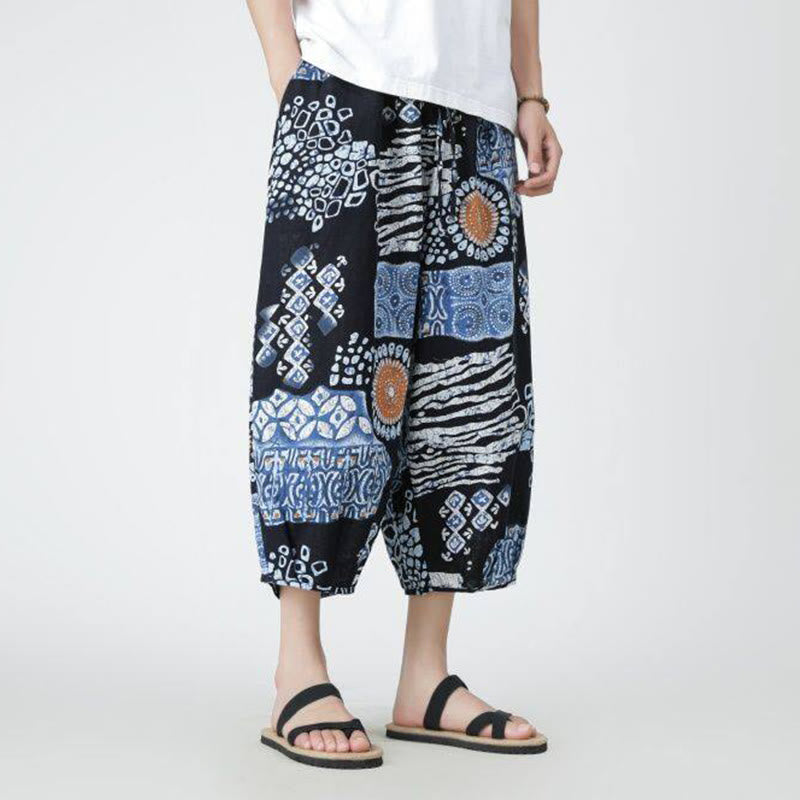 Summer Square Patchwork Elephant Mandala Geometry Cotton Linen Men's 7-8 Length Pants With Pockets