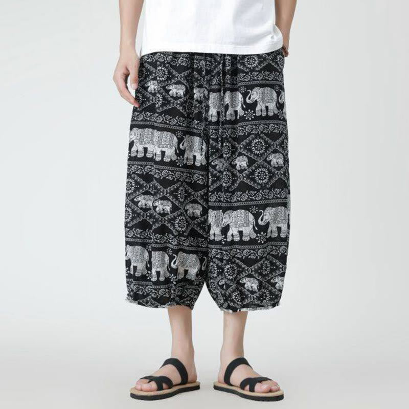 Summer Square Patchwork Elephant Mandala Geometry Cotton Linen Men's 7-8 Length Pants With Pockets