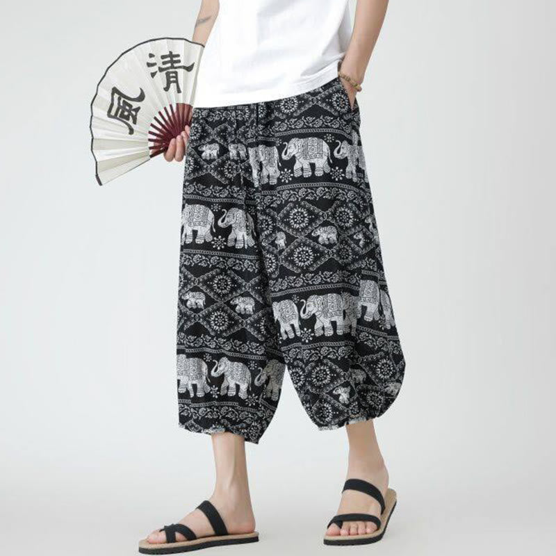 Summer Square Patchwork Elephant Mandala Geometry Cotton Linen Men's 7-8 Length Pants With Pockets