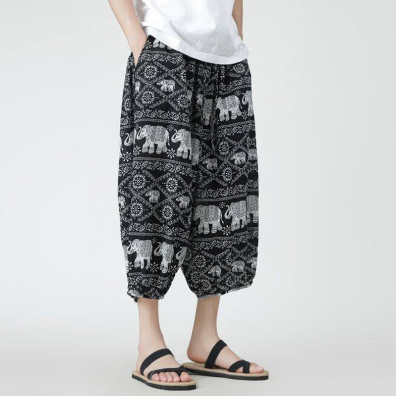 Summer Square Patchwork Elephant Mandala Geometry Cotton Linen Men's 7-8 Length Pants With Pockets
