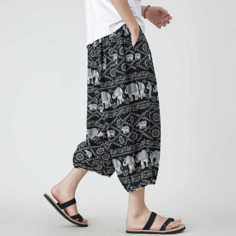 Summer Square Patchwork Elephant Mandala Geometry Cotton Linen Men's 7-8 Length Pants With Pockets