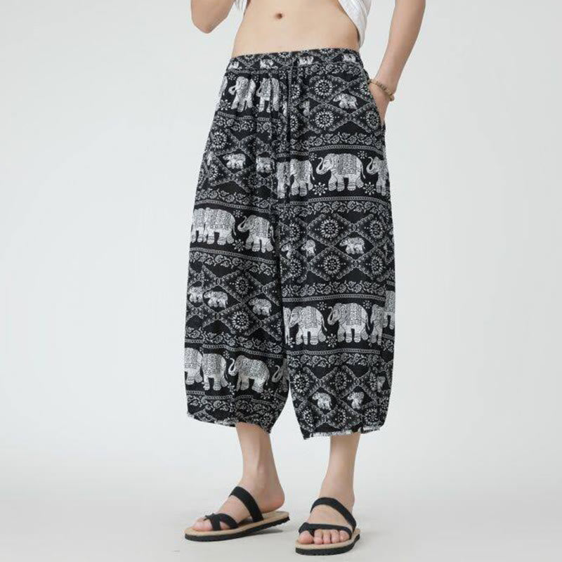 Summer Square Patchwork Elephant Mandala Geometry Cotton Linen Men's 7-8 Length Pants With Pockets
