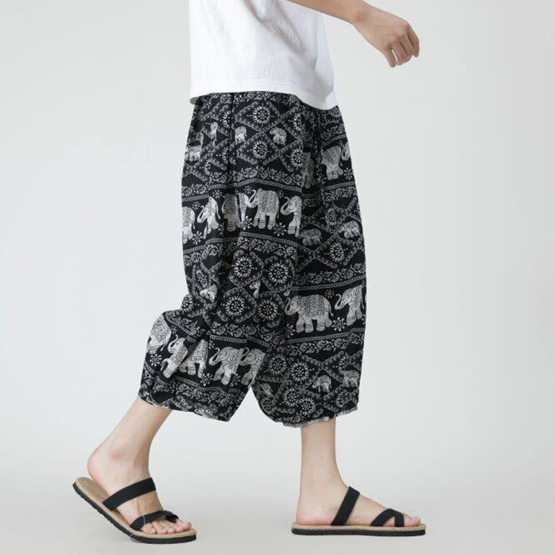Summer Square Patchwork Elephant Mandala Geometry Cotton Linen Men's 7-8 Length Pants With Pockets