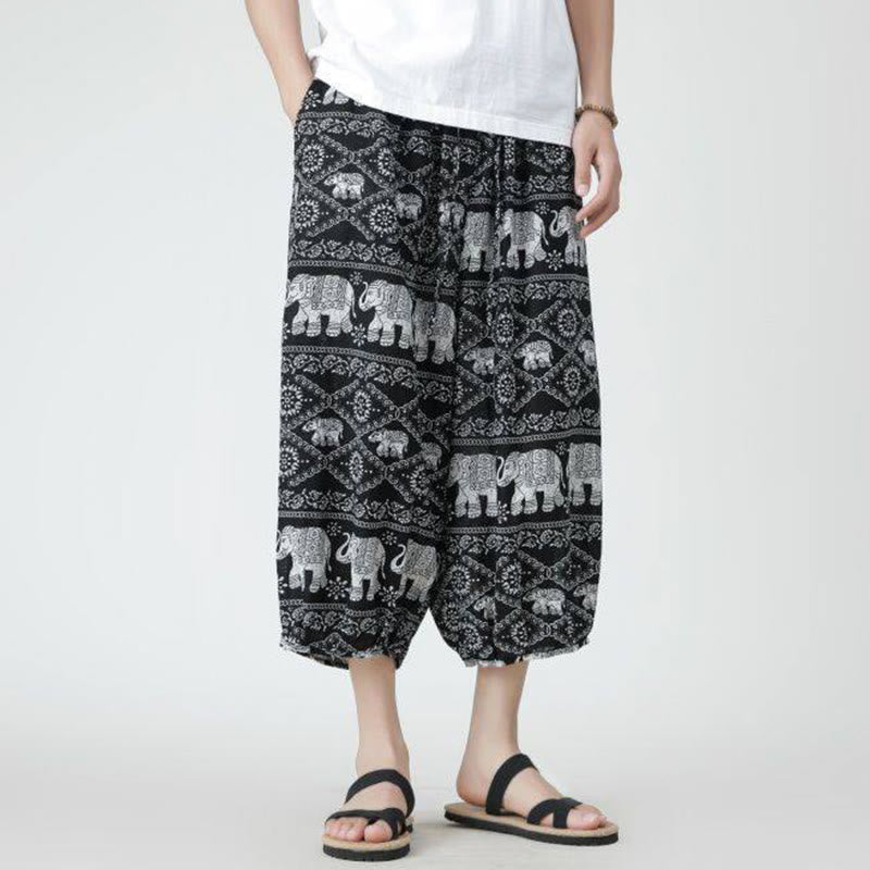 Summer Square Patchwork Elephant Mandala Geometry Cotton Linen Men's 7-8 Length Pants With Pockets