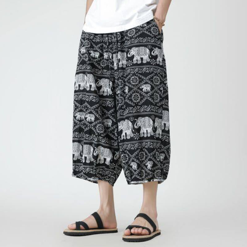 Summer Square Patchwork Elephant Mandala Geometry Cotton Linen Men's 7-8 Length Pants With Pockets