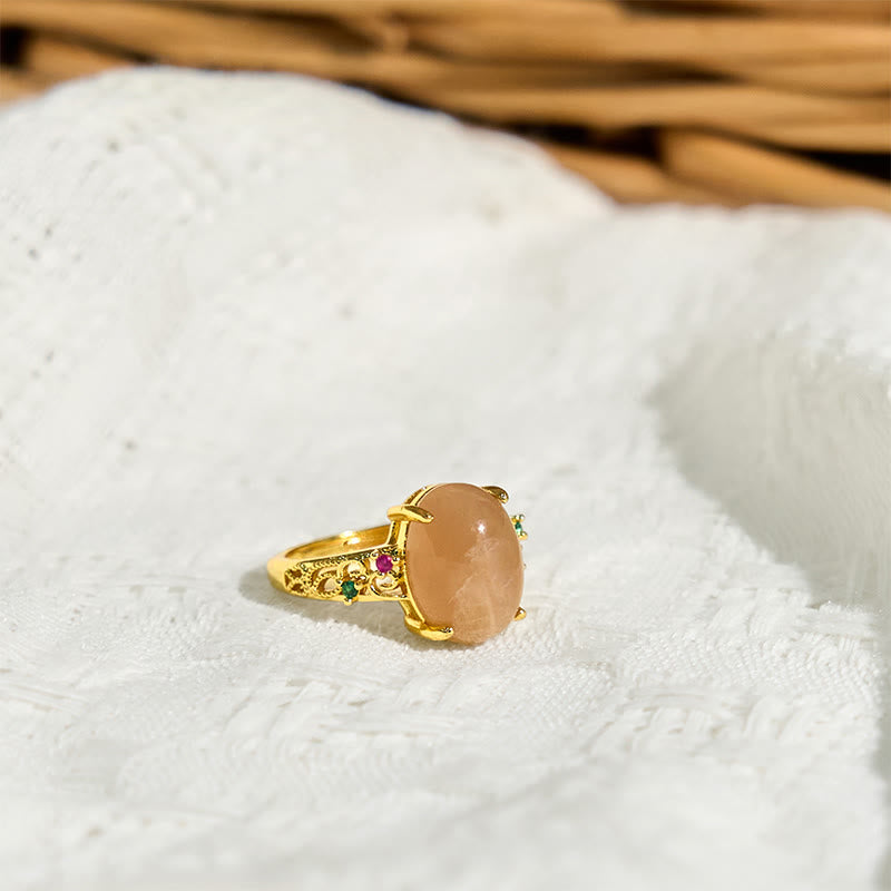 Hollow Vine Design Peach Moonstone Adjustable Happiness Ring