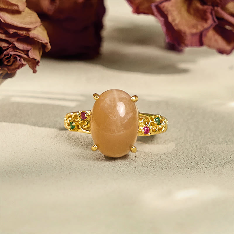 Hollow Vine Design Peach Moonstone Adjustable Happiness Ring