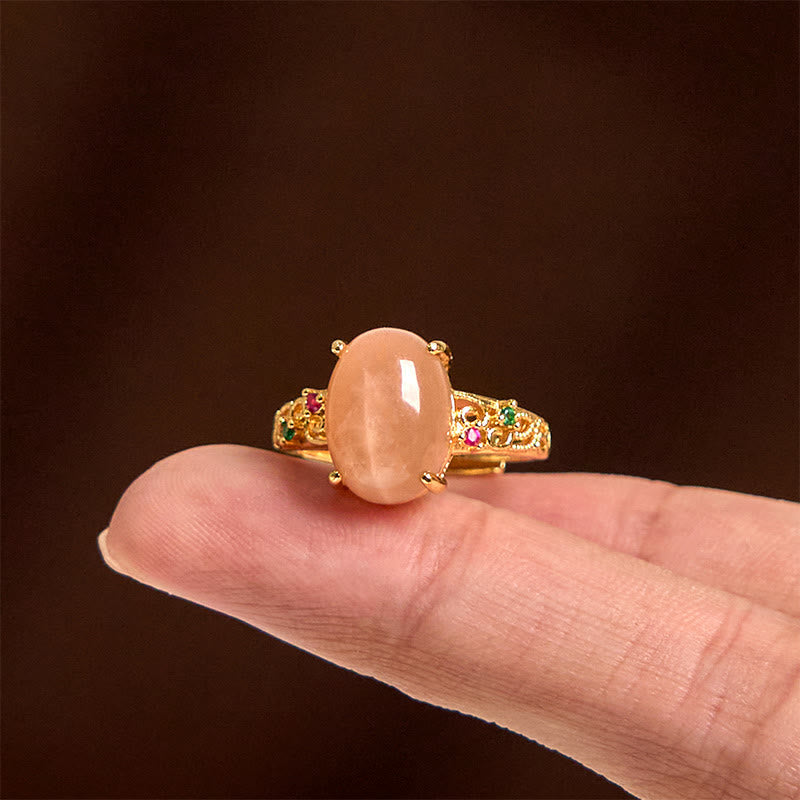 Hollow Vine Design Peach Moonstone Adjustable Happiness Ring
