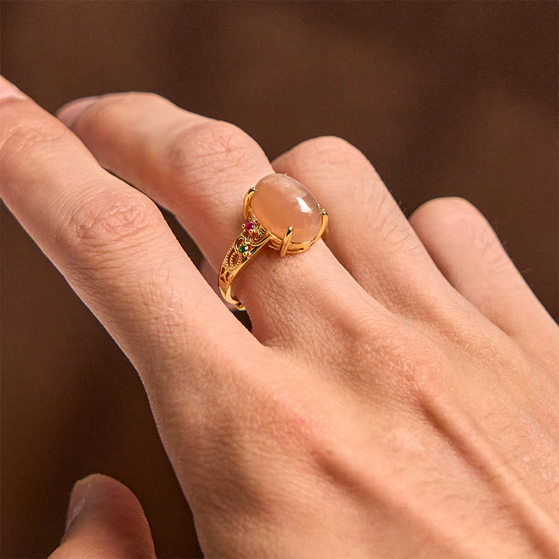 Hollow Vine Design Peach Moonstone Adjustable Happiness Ring