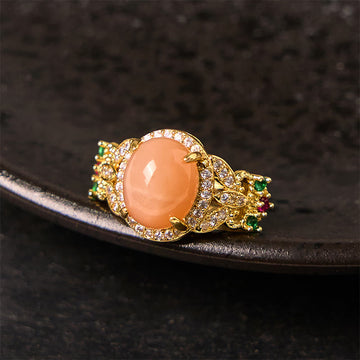 Vintage Prong Setting Four Leaf Flower Design Peach Moonstone Adjustable Soothing Ring