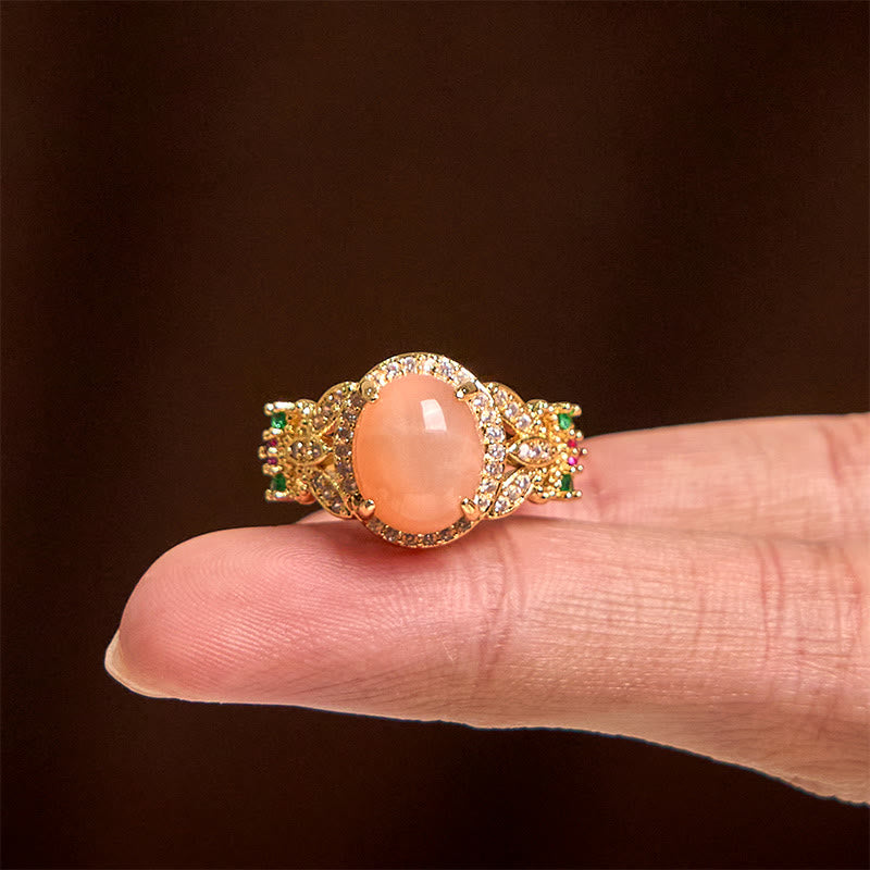 Vintage Prong Setting Four Leaf Flower Design Peach Moonstone Adjustable Soothing Ring