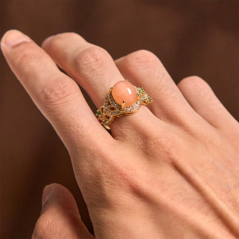 Vintage Prong Setting Four Leaf Flower Design Peach Moonstone Adjustable Soothing Ring