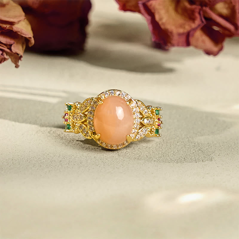 Vintage Prong Setting Four Leaf Flower Design Peach Moonstone Adjustable Soothing Ring
