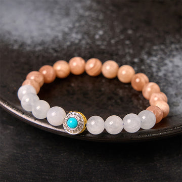 Natural Peach Moonstone and Aquamarine Beaded Bracelet with Copper Accents