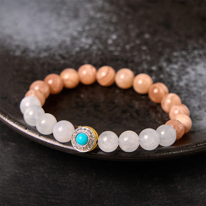 Natural Peach Moonstone and Aquamarine Beaded Bracelet with Copper Accents