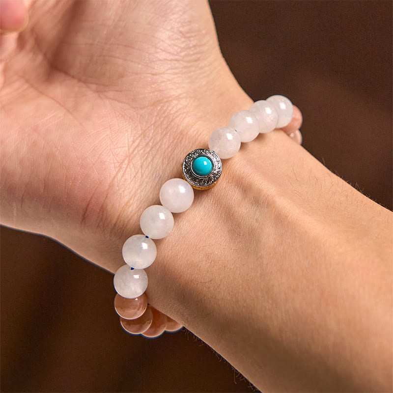Natural Peach Moonstone and Aquamarine Beaded Bracelet with Copper Accents