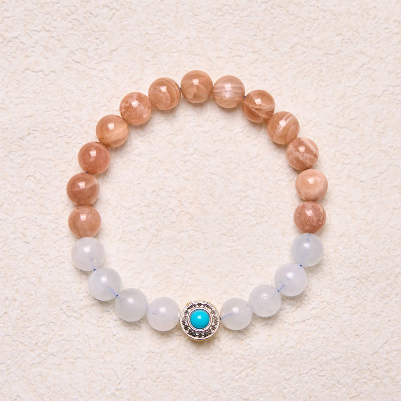 Natural Peach Moonstone and Aquamarine Beaded Bracelet with Copper Accents