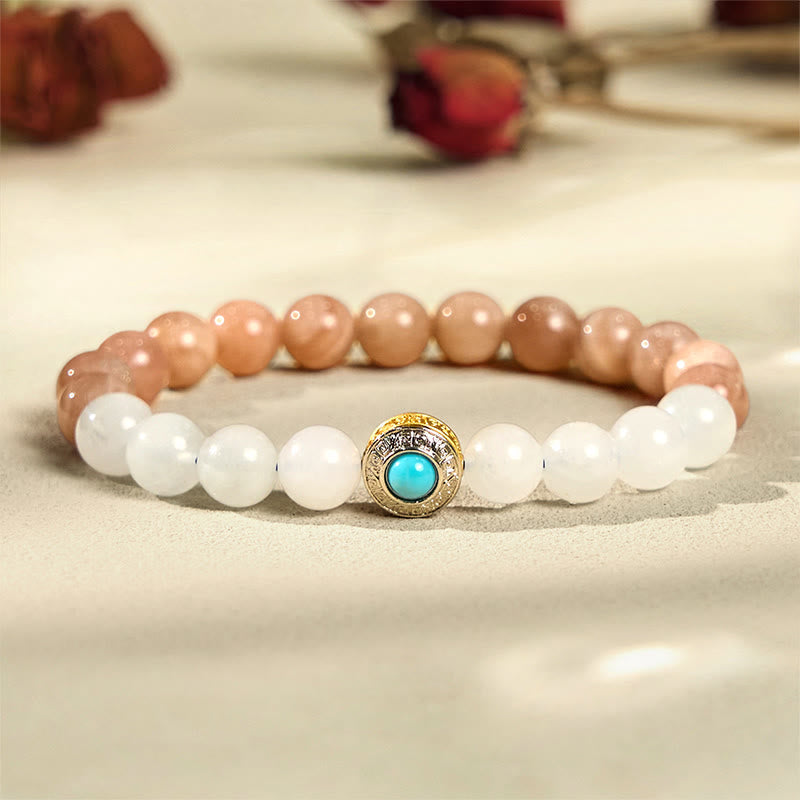 Natural Peach Moonstone and Aquamarine Beaded Bracelet with Copper Accents