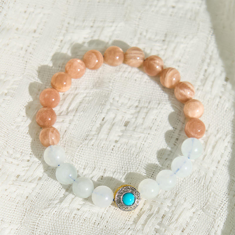 Natural Peach Moonstone and Aquamarine Beaded Bracelet with Copper Accents