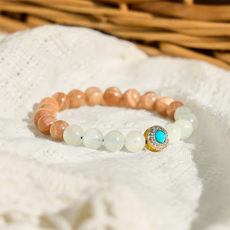 Natural Peach Moonstone and Aquamarine Beaded Bracelet with Copper Accents