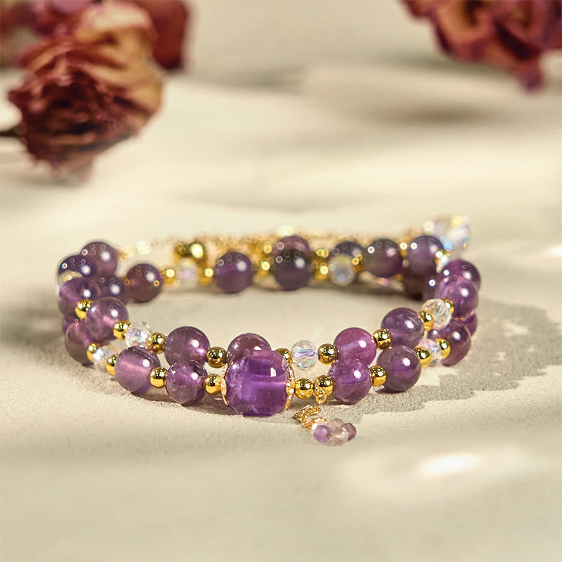 Natural Amethyst Square Bead and Copper Double Wrap Meditation Bracelet