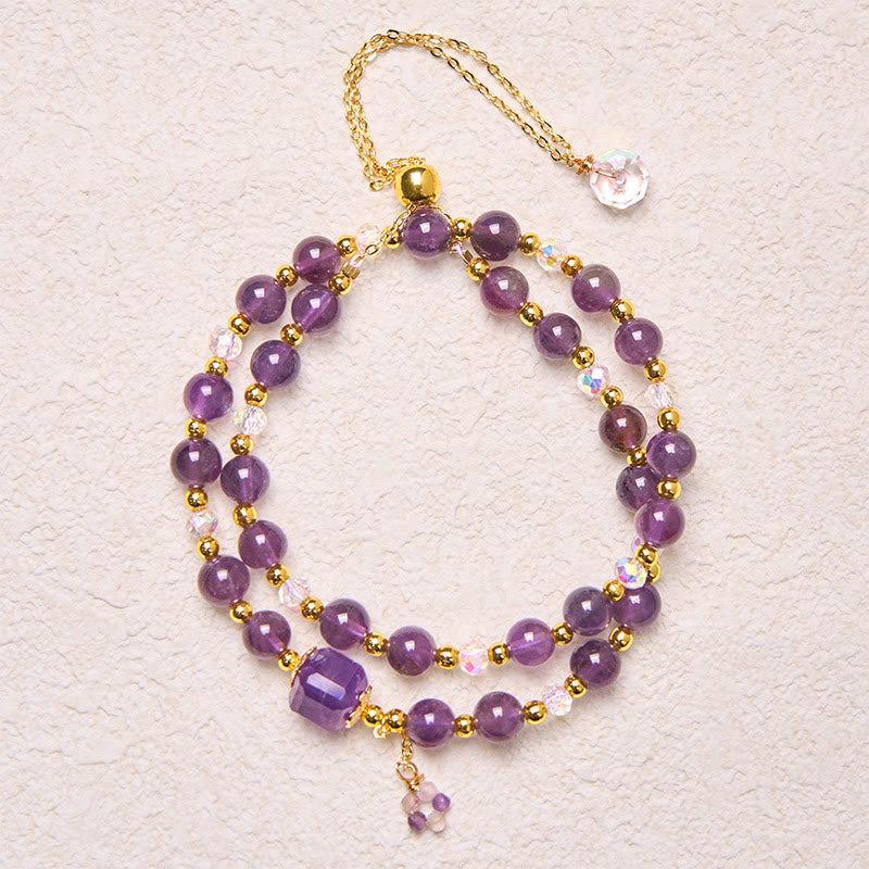 Natural Amethyst Square Bead and Copper Double Wrap Meditation Bracelet