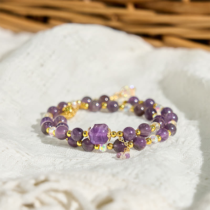 Natural Amethyst Square Bead and Copper Double Wrap Meditation Bracelet